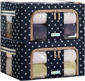 img 4 attached to 📦 Foldable Stackable Under Bed Storage Bins - Set of 2 Cloth Bags with Large Window & Carry Handles, Organize Bedroom Closet for Bedding, Linen, Clothes (Navy Blue Wave)