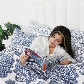 img 3 attached to 🛏️ Navy Blue & White PHF Microfiber Printed King Size Duvet Cover Set - Boho Stylish 3PCS Collection with Pillow Shams - Ultra Soft Comfy Farmhouse Bedding, 104" x 90