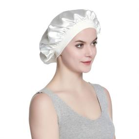 img 3 attached to Luxurious White Satin Bonnet for 💤 Girls with Frizzy Hair - Premium Sleep Cap