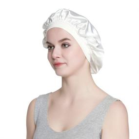 img 2 attached to Luxurious White Satin Bonnet for 💤 Girls with Frizzy Hair - Premium Sleep Cap