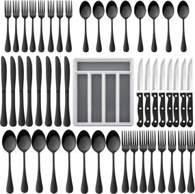 img 4 attached to 🍽️ Modern 49-Piece Black Silverware Set with Drawer Organizer - HaWare Stainless Steel Cutlery Set for 8 with 8 Steak Knives, Mirror Polished, Dishwasher Safe