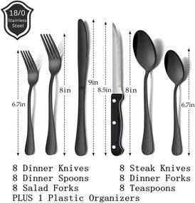 img 3 attached to 🍽️ Modern 49-Piece Black Silverware Set with Drawer Organizer - HaWare Stainless Steel Cutlery Set for 8 with 8 Steak Knives, Mirror Polished, Dishwasher Safe