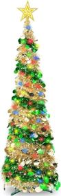 img 4 attached to 🎄 Enhance your Christmas Decor with TURNMEON 5 Ft Tinsel Prelit Pop Up Christmas Tree | Timer, 50 Colored Lights, Star Sequins | Battery Operated Artificial Pencil Slim Xmas Tree | Ideal for Home Parties Indoor Outdoor Decoration (Golden)