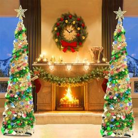 img 1 attached to 🎄 Enhance your Christmas Decor with TURNMEON 5 Ft Tinsel Prelit Pop Up Christmas Tree | Timer, 50 Colored Lights, Star Sequins | Battery Operated Artificial Pencil Slim Xmas Tree | Ideal for Home Parties Indoor Outdoor Decoration (Golden)