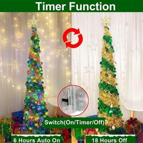 img 2 attached to 🎄 Enhance your Christmas Decor with TURNMEON 5 Ft Tinsel Prelit Pop Up Christmas Tree | Timer, 50 Colored Lights, Star Sequins | Battery Operated Artificial Pencil Slim Xmas Tree | Ideal for Home Parties Indoor Outdoor Decoration (Golden)