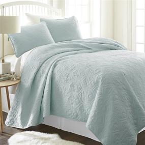 img 2 attached to Pale Blue Damask Patterned Linen Market Quilted Coverlet Set for Queen/Full Size