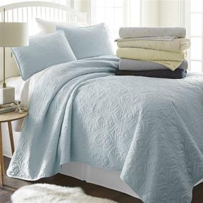 img 4 attached to Pale Blue Damask Patterned Linen Market Quilted Coverlet Set for Queen/Full Size