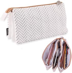 img 4 attached to iSuperb Large Capacity 3-Layer Pencil Case: Zippered Stationery Organizer for Women - Big Pen Bag, Canvas Makeup Cosmetic Bag, Pen Box