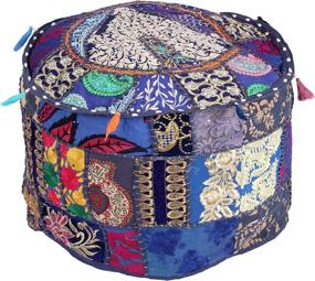 img 1 attached to Indian Vintage Home Décor Ottoman Cover in Boho Pouf 🏡 Style - Khamadiya, Floor Cushion Cover, Hippy Room Décor (22x12x22 Inch, Blue)