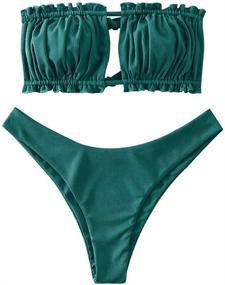 img 4 attached to 👙 ZAFUL Women's Strapless Ribbed Ruffle Cutout Bandeau Bikini Set with Tie Back - Swimsuit