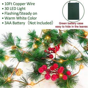 img 2 attached to 🎄 TURNMEON 10FT Christmas Garland with 30 Lights: Red Berry Pine Cone Bristle Xmas Decor in Warm White