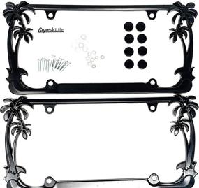 img 3 attached to 🌴 Tropical Palm Tree Chrome Polished License Plate Frame Set (2 Frames) with Screws Caps - Superb LNF (Black)