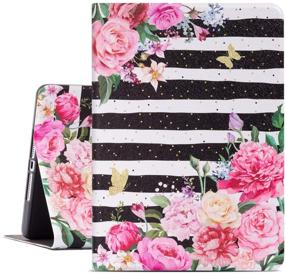img 4 attached to Drodalala Premium Leather iPad Air 2 Case - Multiple Viewing Angles Stand, 6th/5th Generation Folio Case (Black White Striped Flower)