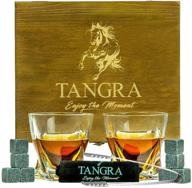 🥃 tangra whiskey stones luxury gift set: 8 reusable granite ice cubes + 2 large scotch glasses in wooden box – ideal whiskey gift sets for man, dad, groomsmen & more! logo