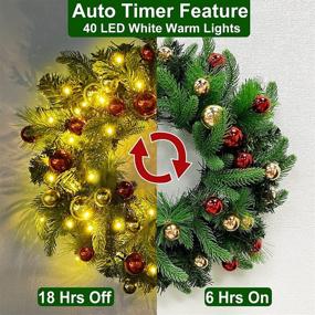 img 3 attached to 🎄 18-Inch Pre-lit Christmas Wreath for Front Door - Realistic Feel with 40 Lights, Timer, 32 Xmas Ball Ornament, Pine Needles - Battery Operated Artificial Wreath - Christmas Decoration for Home Indoor Outdoor