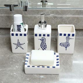 img 2 attached to 🐠 LUEUR Decorative Ceramic Bathroom Countertop Accessories Set - Seahorse Printed - All-in-One 4-Piece Bundle: Soap Dispenser, Toothbrush Stand, Rinsing Cup, Soap Dish