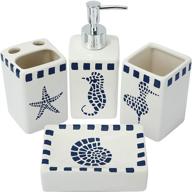 🐠 lueur decorative ceramic bathroom countertop accessories set - seahorse printed - all-in-one 4-piece bundle: soap dispenser, toothbrush stand, rinsing cup, soap dish logo