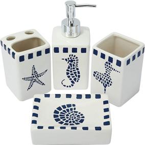 img 4 attached to 🐠 LUEUR Decorative Ceramic Bathroom Countertop Accessories Set - Seahorse Printed - All-in-One 4-Piece Bundle: Soap Dispenser, Toothbrush Stand, Rinsing Cup, Soap Dish