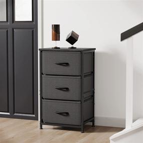 img 3 attached to 🔲 FEZIBO 3 Drawer Fabric Dresser Storage Tower: Steel Frame, Wood Top, Easy Pull Handle - Dark Grey