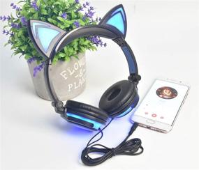 img 1 attached to Olyre Cat Ear Headphones LX-R107 - USB Chargeable Foldable LED Light Earphones for Kids Teens Adults, Compatible with Ipad, Tablet, Computer, Mobile Phone (Black & Blue)