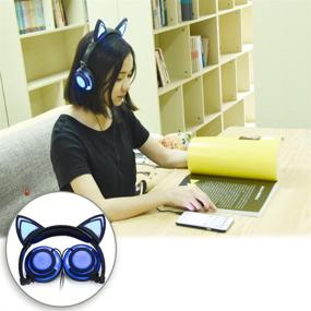 img 3 attached to Olyre Cat Ear Headphones LX-R107 - USB Chargeable Foldable LED Light Earphones for Kids Teens Adults, Compatible with Ipad, Tablet, Computer, Mobile Phone (Black & Blue)