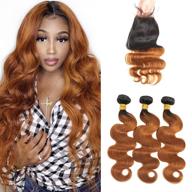 🌟 feelgrace ombre brown brazilian body wave human hair bundles with closure - premium brazilian virgin and remy hair, free part swiss lace closure included - 16 18 20 bundles with 14" closure logo