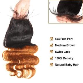 img 1 attached to 🌟 Feelgrace Ombre Brown Brazilian Body Wave Human Hair Bundles with Closure - Premium Brazilian Virgin and Remy Hair, Free Part Swiss Lace Closure Included - 16 18 20 Bundles with 14" Closure