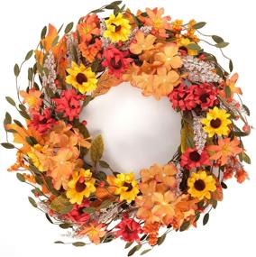 img 4 attached to 🍂 Bright Fall Wreath: Silk Hydrangea Flower & Sunflower Wreath with Colorful Leaves - Perfect for Front Door, Autumn Farmhouse Home or Office Party Wall Decor