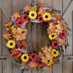 img 2 attached to 🍂 Bright Fall Wreath: Silk Hydrangea Flower & Sunflower Wreath with Colorful Leaves - Perfect for Front Door, Autumn Farmhouse Home or Office Party Wall Decor