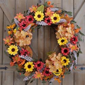 img 1 attached to 🍂 Bright Fall Wreath: Silk Hydrangea Flower & Sunflower Wreath with Colorful Leaves - Perfect for Front Door, Autumn Farmhouse Home or Office Party Wall Decor