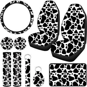 img 4 attached to 🐄 Cow Print Car Accessories Set: Ultimate Decorations for Your Vehicle - Steering Wheel Cover, Seat Covers, Coasters, Keyring, and More!