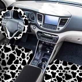 img 3 attached to 🐄 Cow Print Car Accessories Set: Ultimate Decorations for Your Vehicle - Steering Wheel Cover, Seat Covers, Coasters, Keyring, and More!