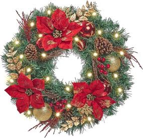 img 4 attached to Enhance Your Holidays with WBHome's 24 Inch Pre-lit Christmas 🎄 Wreath - Red Gold Themed with 30 LED Lights and Battery Operated