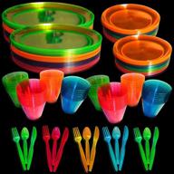 🎉 enhance your blacklight uv party with upper midland products neon glow party supplies set: includes 32 servers, 9 and 6 inch plates, 9 oz cups, forks,spoons, knives - 32 of each! logo