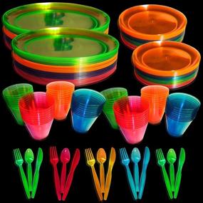 img 4 attached to 🎉 Enhance Your Blacklight UV Party with Upper Midland Products Neon Glow Party Supplies Set: Includes 32 Servers, 9 and 6 Inch Plates, 9 OZ Cups, Forks,Spoons, Knives - 32 of Each!