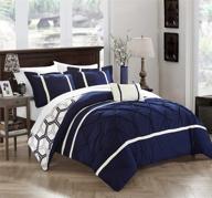 🛌 chic home marcia 4 piece comforter set - printed pinch pleated ruffled and reversible geometric design - includes decorative pillow and sham - full/queen size - navy logo