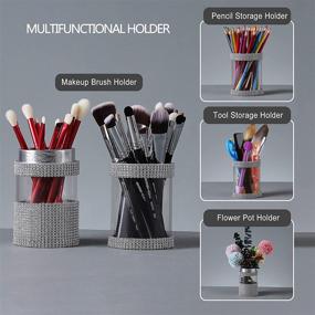 img 3 attached to Makeup Brush Holder - Table Brushes Organizer, Two-Cup Brush Storage, Pen Pencil Holders for Desk - Ideal Gifts for Women, Girls, Students (Crystal Silver)