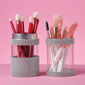 img 4 attached to Makeup Brush Holder - Table Brushes Organizer, Two-Cup Brush Storage, Pen Pencil Holders for Desk - Ideal Gifts for Women, Girls, Students (Crystal Silver)