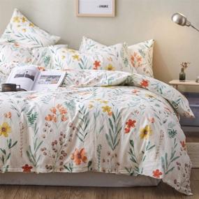 img 3 attached to 🌺 VM VOUGEMARKET Garden Cotton Queen Duvet Cover - Red Yellow Flower Print, Green Branch Leaves - Girls Bedding Set - Bright Colorful Comforter Quilt Cover with Zipper Closure