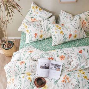 img 4 attached to 🌺 VM VOUGEMARKET Garden Cotton Queen Duvet Cover - Red Yellow Flower Print, Green Branch Leaves - Girls Bedding Set - Bright Colorful Comforter Quilt Cover with Zipper Closure