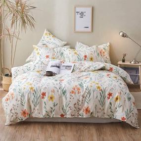 img 1 attached to 🌺 VM VOUGEMARKET Garden Cotton Queen Duvet Cover - Red Yellow Flower Print, Green Branch Leaves - Girls Bedding Set - Bright Colorful Comforter Quilt Cover with Zipper Closure