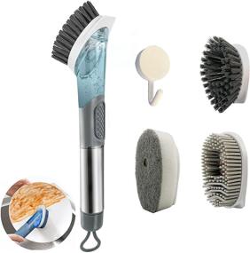 img 4 attached to Grey Neilgo 3-in-1 Soap Dispensing Dish Brush with Handle - Kitchen Scrub Brush, Automatic Liquid Addition Brush, Soap Control Dishwand Brush