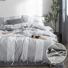 img 4 attached to BISELINA 100% Washed Cotton Striped Duvet Cover Set with Bowknot Bow Ties - Reversible and Soft Linen Feel - Chic Country Bedding in Grey (Queen Size)