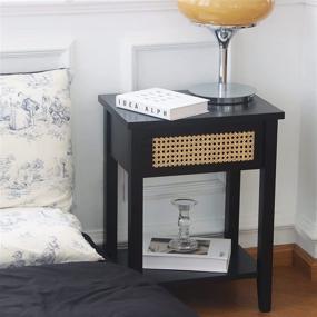 img 4 attached to 🌙 MaxSmeo Mid Century Nightstand: Stylish Black Bedside Table with Rattan Drawer for Modern Living Rooms and Rustic Bedroom Décor - Easy Assembly Included