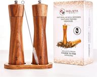 🌿 premium acacia wood salt and pepper grinder set - 8-inch manual spice mills with adjustable coarseness - refillable sea salt and peppercorn crushers kit - includes wooden tray and cleaning brush logo