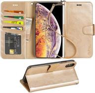 📱 arae wallet case for iphone xs max - pu leather flip case cover with stand feature, wrist strap, and 4-slots for id/credit cards - light champagne gold logo