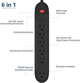 img 3 attached to Манимв Power Strip Surge Protector с 6 розетками, удлинителем 6 футов, защитой от перегрузки, подходящий для установки на стену дома, офиса, гостиницы - черный (2 штуки)