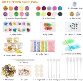 img 3 attached to 60 Pack Resin Jewelry Making Supplies Kit with Glitter, Sequins, Dry Flowers, Beads, Wheel Gears, Foil, Shells, Glass Stones, Tweezer, and Scoops for Nail Art and Craft Decoration - Sntieecr