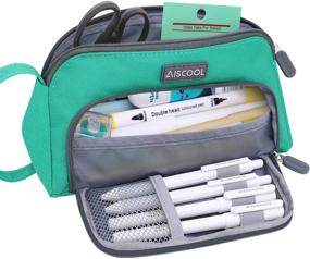 img 4 attached to 🖍️ Aiscool Large Capacity Green Pencil Case Bag for School, Office, College - Pen Pouch Holder, Stationery Organizer with Big Storage Space for School Supplies