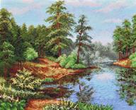 🌲 lush forest landscape cross stitch kit - lake in the pines - enhancing seo logo